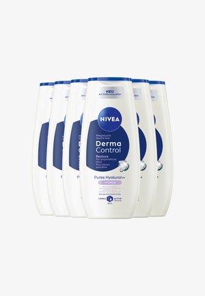 NIVEA Derma Control body wash bottles, white plastic, blue accents, 250ml size, features hyaluron and vitamin E, labeled for sensitive skin.