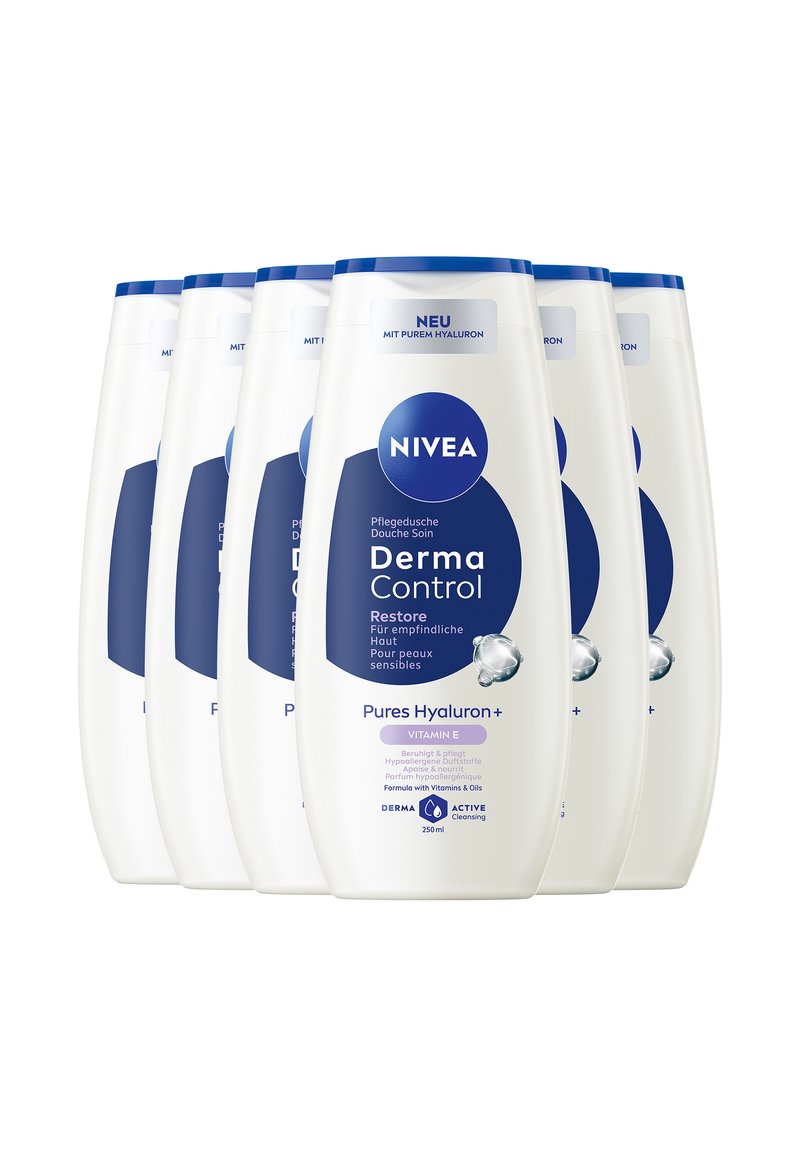 NIVEA Derma Control body wash bottles, white plastic, blue accents, 250ml size, features hyaluron and vitamin E, labeled for sensitive skin.