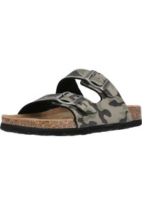 Rutschige Sandalen mit Camouflage-Muster, zwei verstellbaren Metall-Schließen, Korkfußbett und einer schwarzen Gummisohle für Dämpfung und Unterstützung.