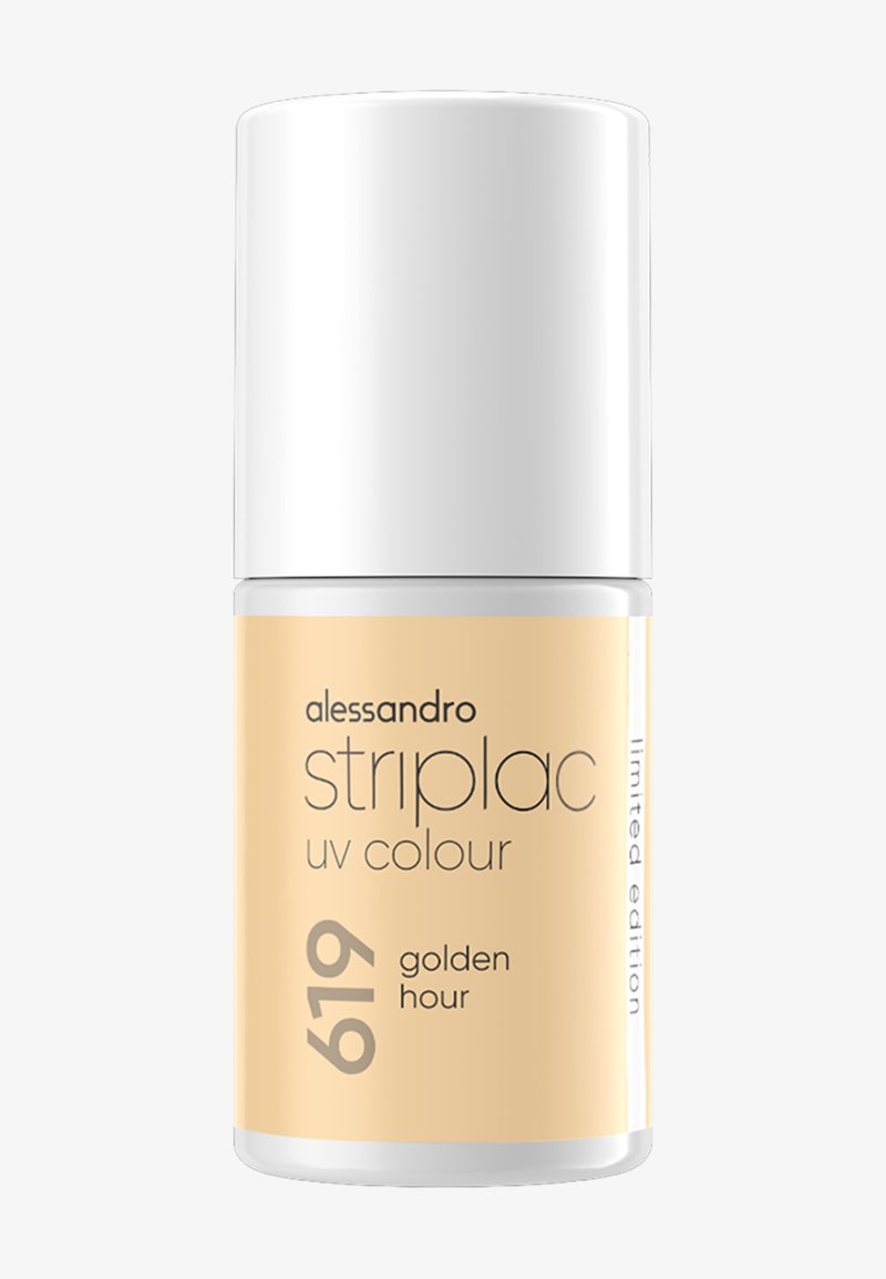 Bouteille de vernis à ongles UV Alessandro Striplac en teinte 619 golden hour, couleur beige, étiquette édition limitée avec bouchon blanc.