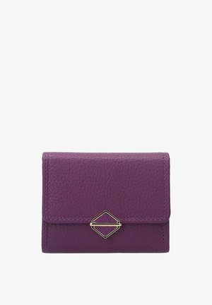 Purple leather wallet with a textured finish, featuring a gold geometric clasp and neat stitching along the edges. Compact rectangular design.