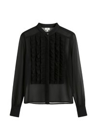 Blouse noire transparente à manches longues, avec des détails froncés à l'avant, fermeture à boutons et col. Tissu léger avec une texture lisse.