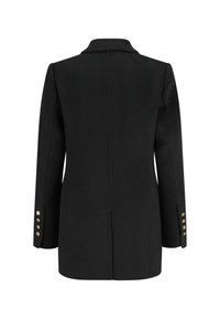 Schwarzer Wollmischblazer mit tailliertem Schnitt. Verfügt über einen Reverskragen, lange Ärmel und dekorative goldene Knöpfe an den Ärmeln.