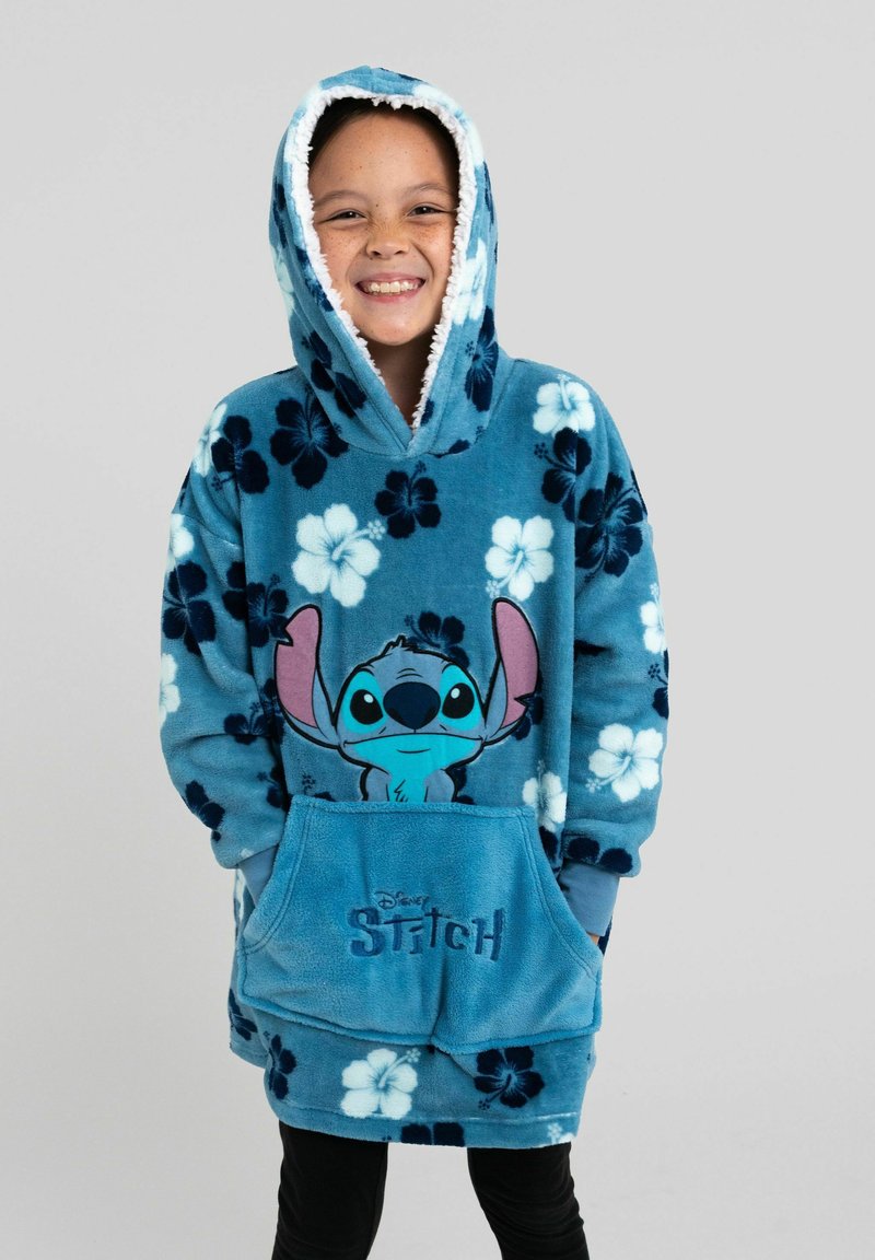 Felpa blu in pile con motivo floreale e grafica "Stitch". Presenta un cappuccio, tasca frontale e una morbida fodera riccioluta. Dettagli in azzurro chiaro.