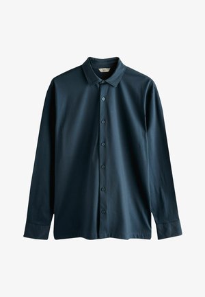 Navy blue long-sleeve shirt with a button-up front, classic collar, and smooth cotton texture. Features six buttons down the front.