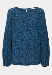 Blouse bleue à manches longues avec motif floral abstrait noir, encolure ronde et petite fermeture bouton à œillet dans le dos.