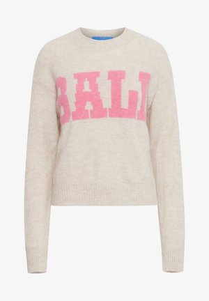 Beige sweater lavet af blødt materiale, med fede lyserøde bogstaver, der staver "BALI" på forsiden. Rund halsudskæring og ærmer med manchetter.