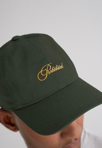 Green baseball cap with yellow cursive "Prohibited" text worn on a person's head, shown from a close-up angled top view.