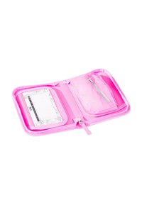 Pink zippered wallet featuring a transparent zip pocket, a notepad with a decorative border, and a smooth synthetic exterior.