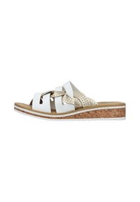 White slide sandal with cross-strap design, gold accents, cork midsole, and textured upper. Flat sole with a slight wedge heel.