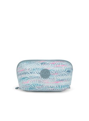 Fodral med dragkedja i ljusblå design med vita bladmönster och rosa detaljer. Mjukt material med en rund logotyp på framsidan.