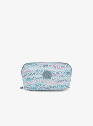 Lukkeetui med et lyseblåt design, hvori der er hvide bladmønstre og pink detaljer. Blødt materiale med et rundt logo på fronten.