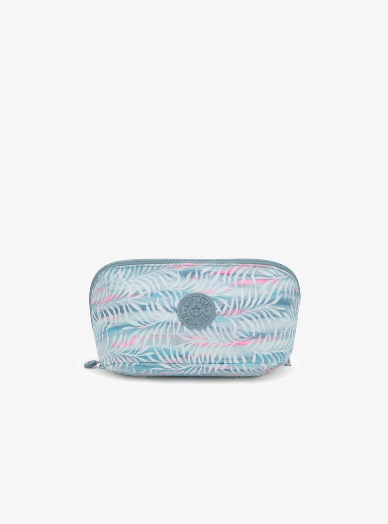 Portafoglio con zip caratterizzato da un design azzurro chiaro con motivi di foglie bianche e dettagli rosa. Materiale morbido con un logo rotondo sul davanti.