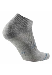 Grå ankelstrømpe med ribbet tekstur, forstærket hæl og blå accent nær tåen. Letvægtsmateriale og tætsiddende design for komfort.