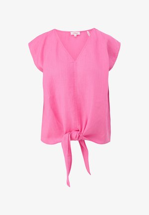Blouse rose à manches courtes avec col en V et nœud noué sur le devant, en tissu léger.