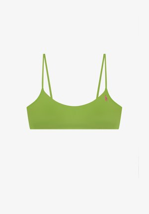 Lime green bralette with thin adjustable straps and small pink embroidered logo on the left side.