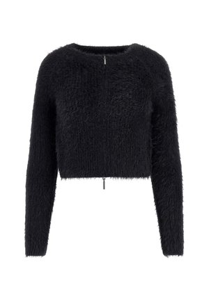 Black cropped sweater with long sleeves, soft fuzzy texture, rounded neckline, and a central zipper at the back.