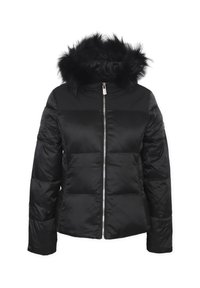 Giacca a vento nera con zip frontale, polsini elastici, collo alto e cappuccio in pelliccia sintetica rimovibile. Tessuto liscio e lucido con sezioni trapuntate.