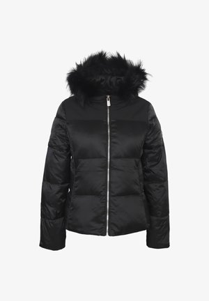 Giacca a vento nera con zip frontale, polsini elastici, collo alto e cappuccio in pelliccia sintetica rimovibile. Tessuto liscio e lucido con sezioni trapuntate.