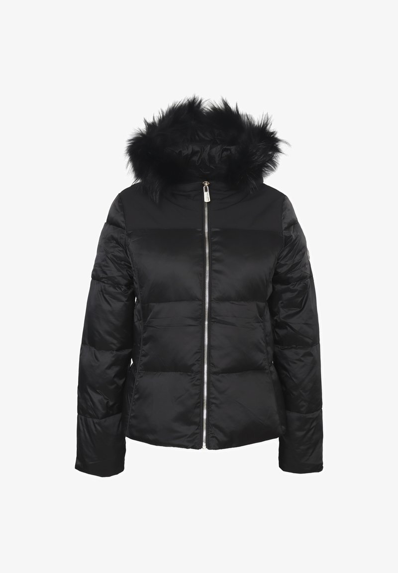 Giacca a vento nera con zip frontale, polsini elastici, collo alto e cappuccio in pelliccia sintetica rimovibile. Tessuto liscio e lucido con sezioni trapuntate.