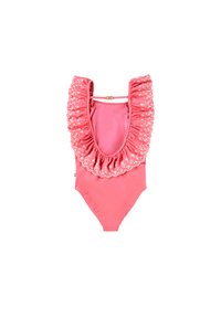 Roze badpak met diepe scooprug, ruches in bloemige kant aan de rand en verstelbare band met gouden sluiting.