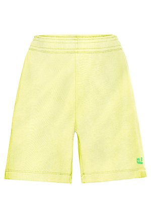 Lichtgele shorts met een elastische tailleband, een rechte pasvorm en een groen logodetail aan de onderzijde van de linkerkant. Gladde textuur.