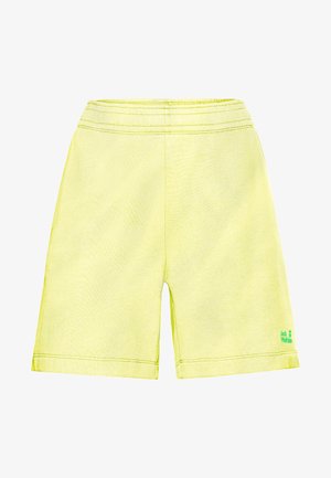 Lichtgele shorts met een elastische tailleband, een rechte pasvorm en een groen logodetail aan de onderzijde van de linkerkant. Gladde textuur.