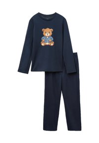 Marineblaues Schlafanzug-Set aus zwei Teilen aus weichem Stoff, bestehend aus einem langärmeligen Oberteil mit Bärenmotiv und passenden Hosen.