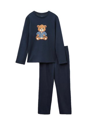 Marineblaues Schlafanzug-Set aus zwei Teilen aus weichem Stoff, bestehend aus einem langärmeligen Oberteil mit Bärenmotiv und passenden Hosen.