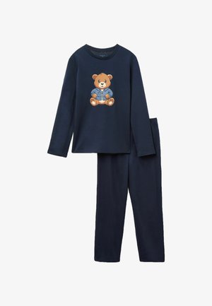 Ensemble de pyjama deux pièces bleu marine en tissu doux, comprenant un haut à manches longues avec un motif d'ours et un pantalon assorti.