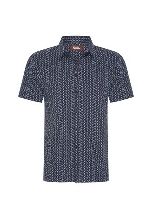 Chemise à manches courtes à boutonner en bleu marine avec un motif zigzag bleu clair. Présente un col classique et une coupe régulière. Le matériau est en tissu léger.
