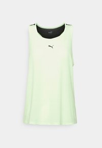 Jasnozielony bezrękawnik sportowy z czarnym logo i akcentami, o luźnym kroju i teksturowanej tkaninie.