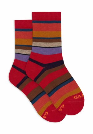 Calze rosse con strisce orizzontali multicolori di larghezze variabili, che presentano tonalità di viola, marrone, arancione e blu. Tessuto a maglia.