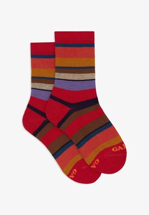 Calze rosse con strisce orizzontali multicolori di larghezze variabili, che presentano tonalità di viola, marrone, arancione e blu. Tessuto a maglia.