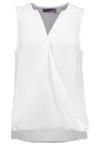 White sleeveless blouse with a V-neck, made of lightweight fabric. Features a wrap design and a slightly longer back. Smooth texture.