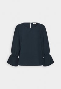 Top blu navy realizzato in tessuto morbido, caratterizzato da un neckline squadrato, maniche a sbuffo con polsini svasati e una piccola apertura sul retro con un bottone.