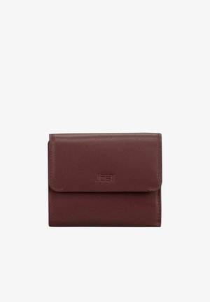 Braune Lederbrieftasche mit Klappverschluss, rechteckiger Form und geprägt Markenname mittig auf der Vorderseite.