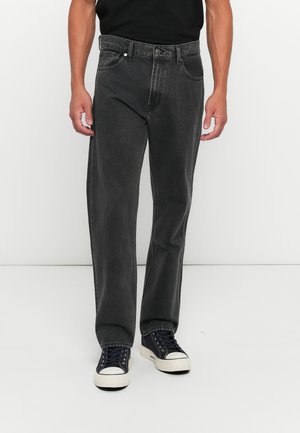 Dark gray denim jeans with a straight-leg fit, classic five-pocket design, featuring a button and zip closure and minimal fading.