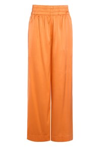 Orange, vide byxor i mjukt tyg. Har resårmidja med veck och rak passform, slutar ovanför fotlederna.