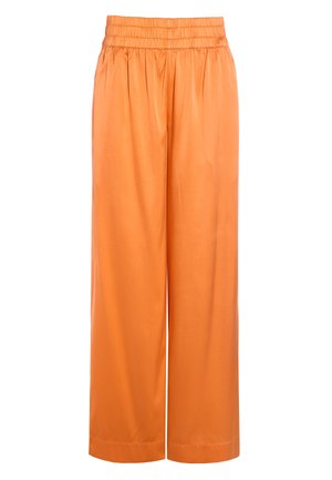Orange, vide byxor i mjukt tyg. Har resårmidja med veck och rak passform, slutar ovanför fotlederna.