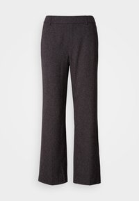 Pantalon droit gris foncé en mélange de laine avec passants pour ceinture et devant lisse, présenté sur un fond clair uni.