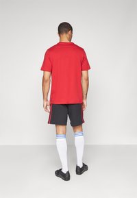 T-shirt rossa a maniche corte, pantaloni corti grigi con strisce rosse ai lati, calze bianche al ginocchio con strisce blu e scarpe nere. Abbigliamento semplice e casual.