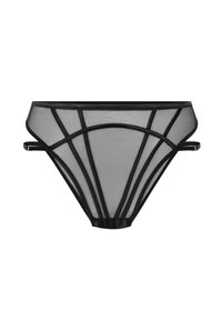 Zwarte mesh bikini onderkant met een doorzichtige uitstraling, voorzien van gebogen streepjespatronen en verstelbare zijkleppen. Elastische tailleband met een matte afwerking.