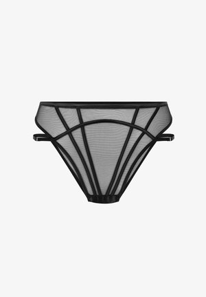 Black mesh bikini bottoms featuring a sheer design with curved stripe patterns and adjustable side straps. Elastic waistband with a matte finish.