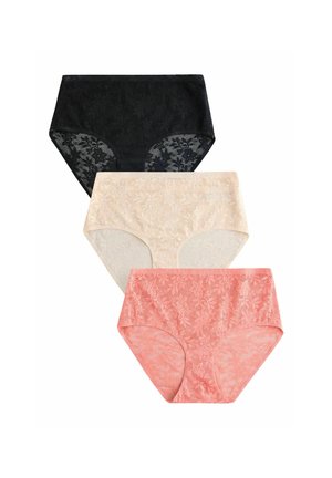 Spitzen-Damenunterwäsche mit Blumenmuster in Schwarz, Beige und Korallenrosa, vertikal gestapelt auf weißem Hintergrund.