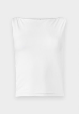 Fehér ujjatlan felső, egyenes dekoltárral, sima anyagból készült, testhez álló fazonnal, látható hardver vagy mintázat nélkül.