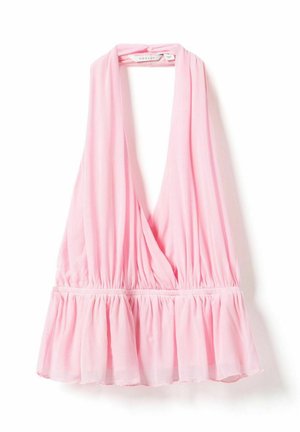 Helehele roosa varrukateta kaelusega topp, sügava V-kaelusega, kogutud vöökoha ja volangidega äär lõdvalt langevast kergest kangast.