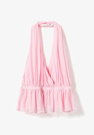 Hellrosa ärmelloses Neckholder-Top mit tiefem V-Ausschnitt, geraffter Taille und volantsaum aus leichtem, fließendem Stoff.