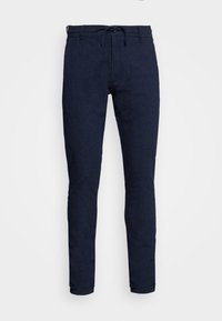 Námořnické modré slim-fit kalhoty s páskem na stažení v pase a poutky na opasek, předním zipem a rovnými nohavicemi.