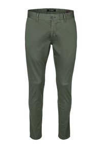 Olivegrüne Baumwollhose mit Slim Fit, ausgestattet mit einem Knopfverschluss, Gürtelschlaufen und sichtbaren frontalen Taschen. Glatte Textur, ohne Muster.